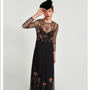Zara • NWT Mesh Floral Embroidered Midi Dress